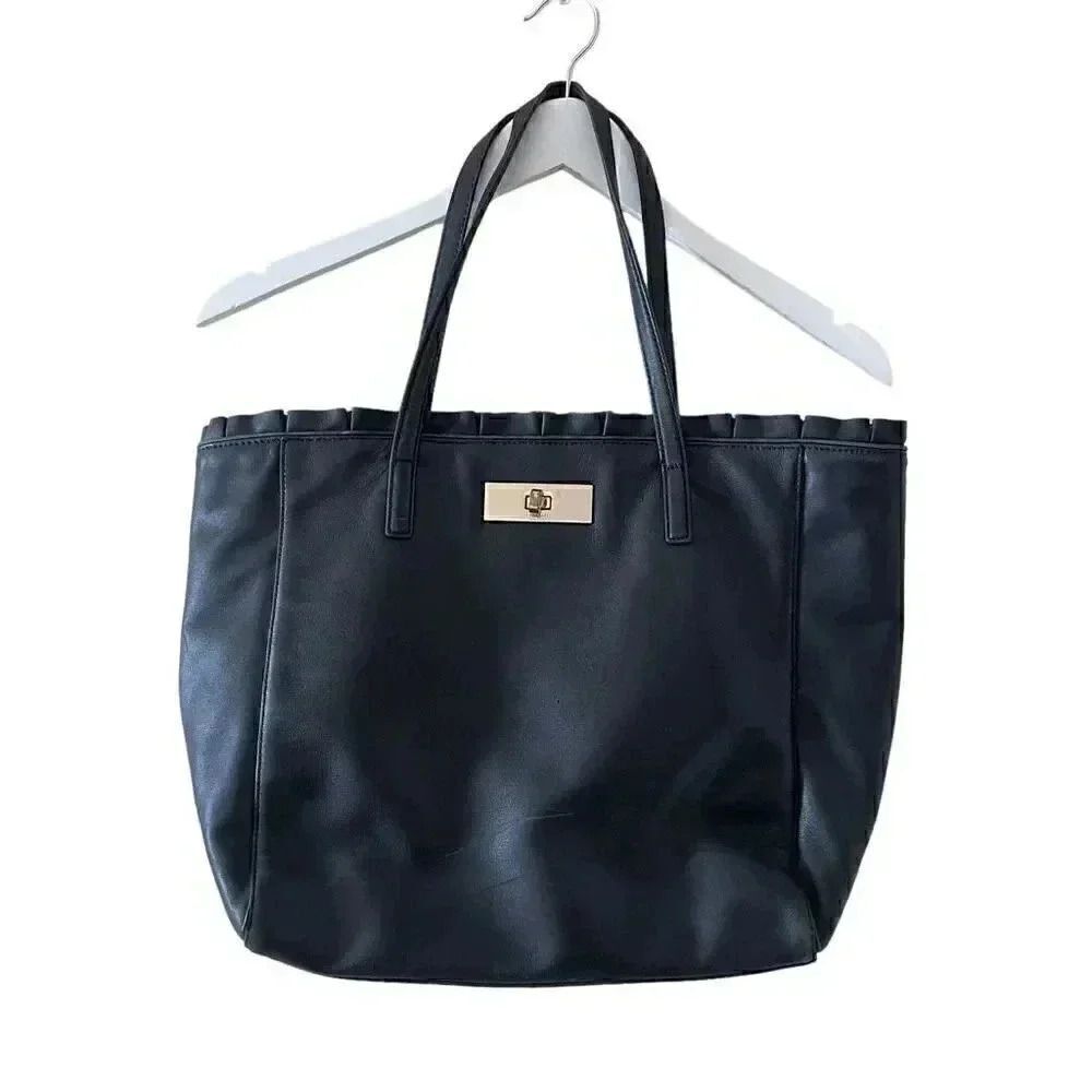 Kate Spade New York Logo Black Leather Tote Double Handles Shoulder Bag Ruffle